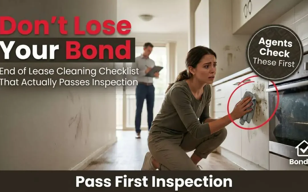 End of lease cleaning checklist in Australia showing renter scrubbing kitchen stains while property manager inspects during final bond inspection.
