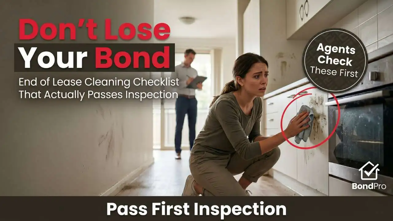 End of lease cleaning checklist in Australia showing renter scrubbing kitchen stains while property manager inspects during final bond inspection.